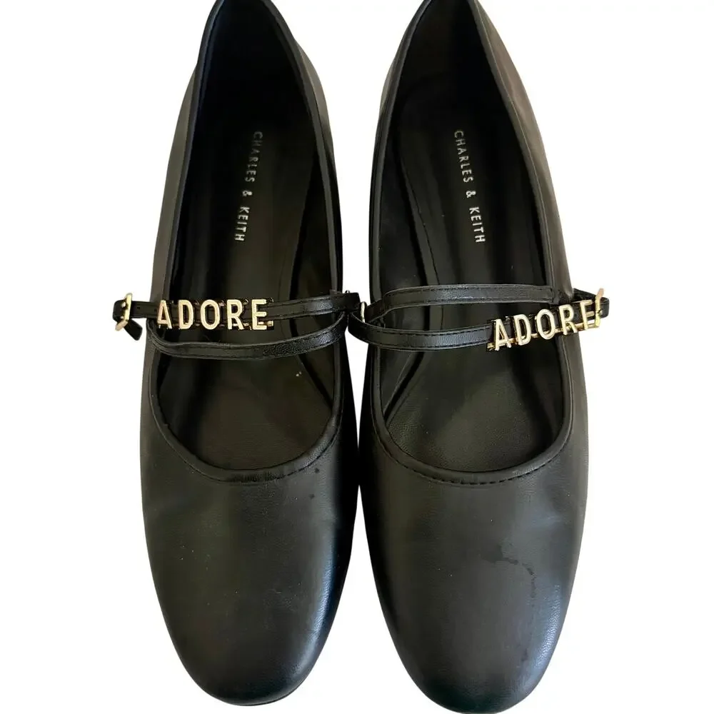 Charles & Keith Faux Black Leather ADORE Charm Mary Jane Ballet Flats Shoes Glam